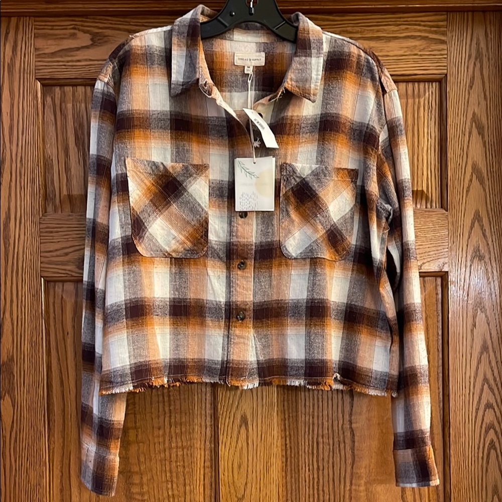 Plaid Button-Up Shirt in Browns and Creams